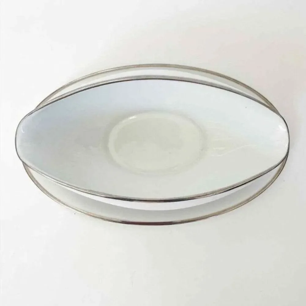 Noritake Fine China Silverdale Gravy Sauce Boat attached underplate Platinum Rim